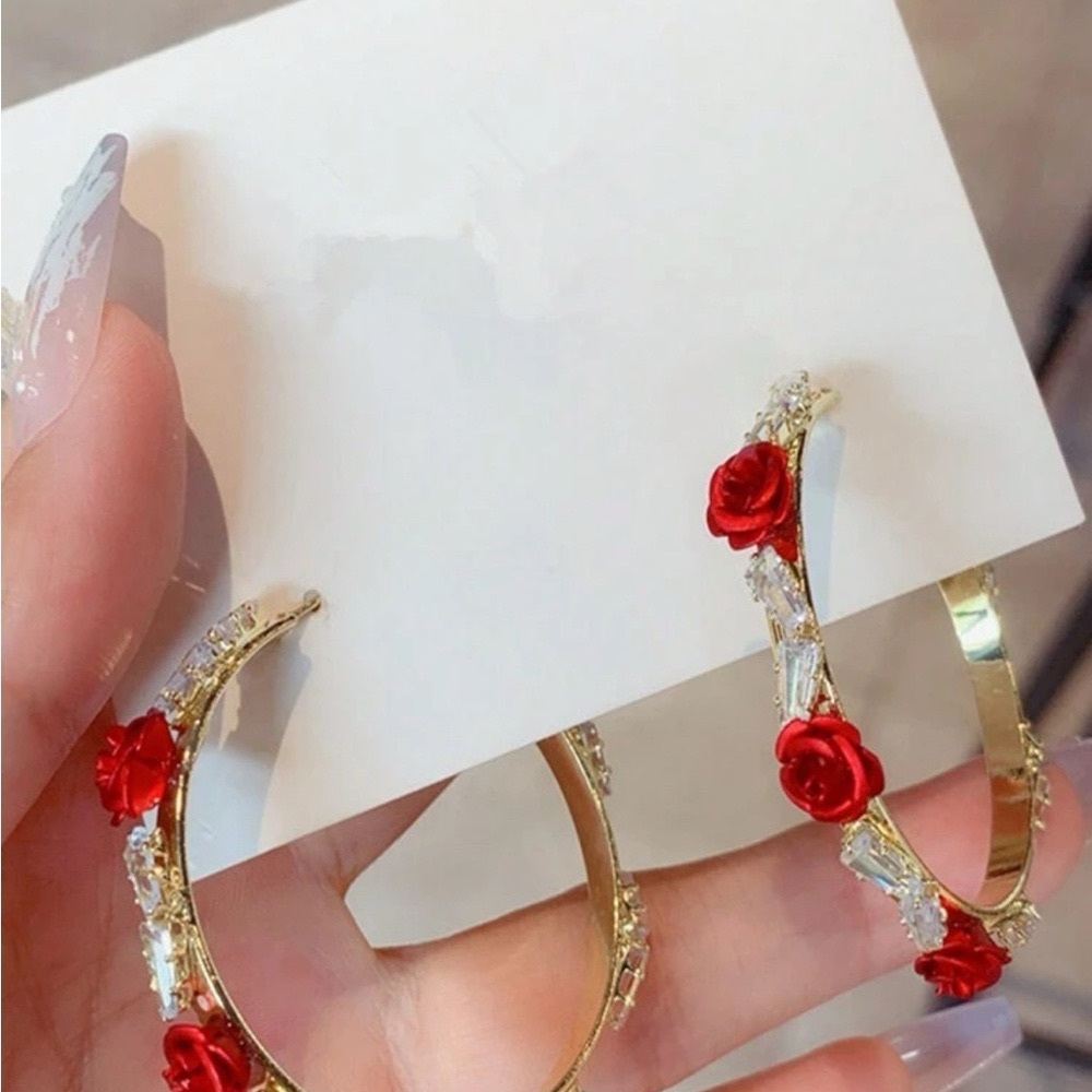 SHEIN Gold and Red Rose Hoop Earrings - Picture 2 of 5